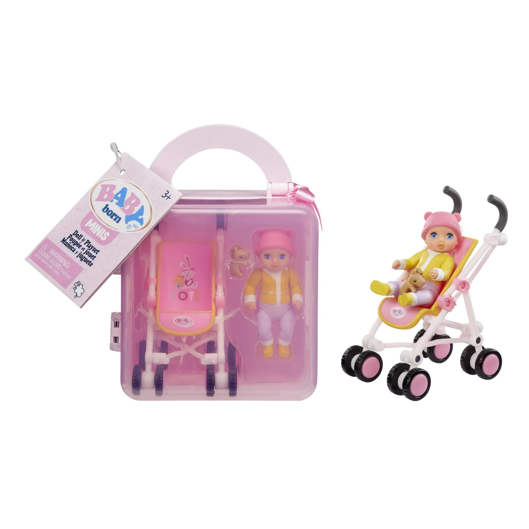 Baby Born MINIS Playset - Light Skin Tone Doll with Blue Eyes, Stroller & Animal Friend Accessory, Includes Reusable Carrying Case for On-The-Go Playtime