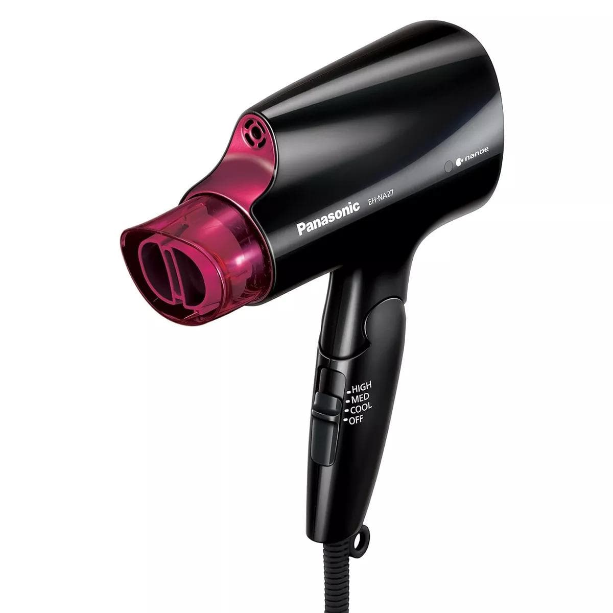 Panasonic nanoe Compact Hair Dryer, 1400W Portable Hair Dryer with Folding Handling and QuickDry Nozzle for Fast Drying – EH-NA27-K (Black/Pink)